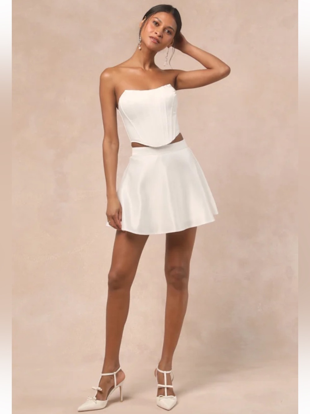 Lulus Angelica White Satin Corset Top Mini Skirt Set NWT Bridal Wedding Large